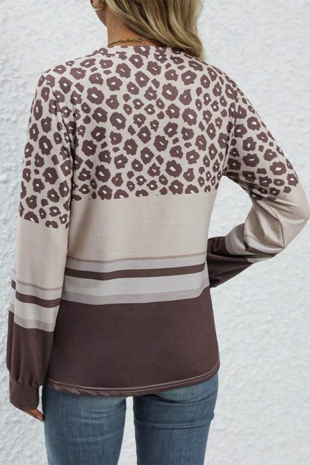 Khaki Leopard Striped Color Block Long Sleeve Top
