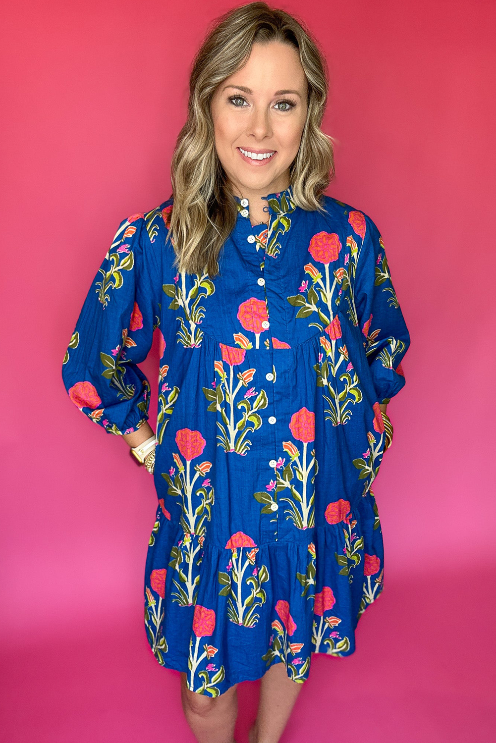 Blue Floral Print Button Front 3/4 Puff Sleeve Ruffle Hem Dress