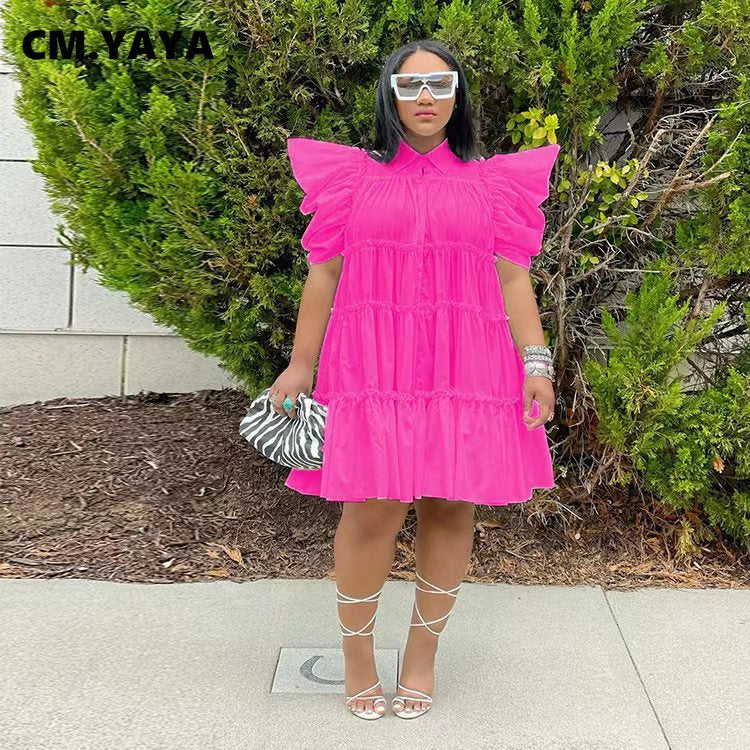 Retro French Style Pleated Puff Sleeve Loose Dress