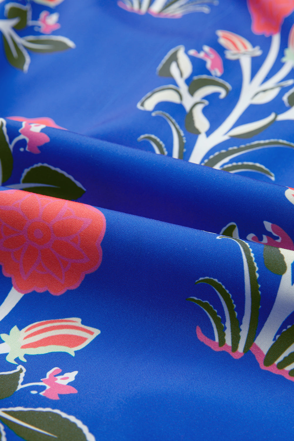 Blue Floral Print Button Front 3/4 Puff Sleeve Ruffle Hem Dress
