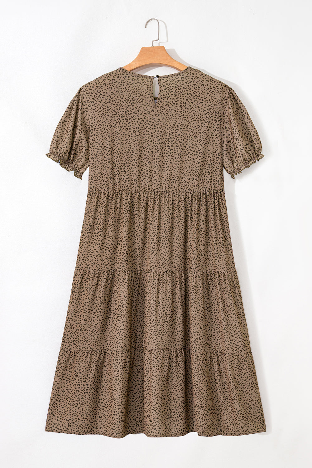 Beige Plus Size Leopard Print Frill Trim Short Sleeve Flared Dress