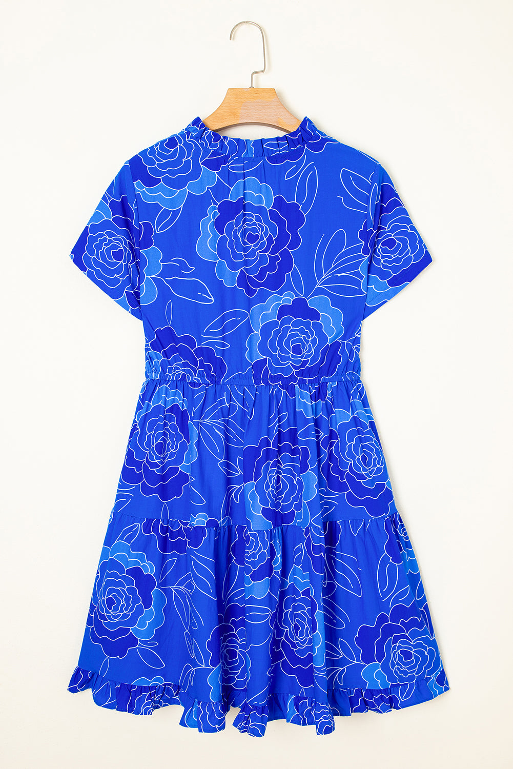Blue Floral Print Ruffle Hem V Neck Flowy Mini Dress