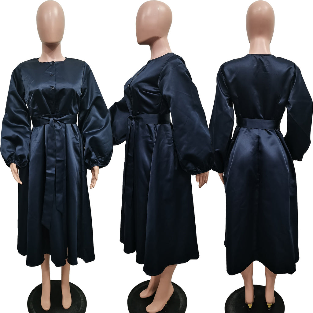 Women's Solid Color Glossy Loose Button Lantern Sleeve Dress
