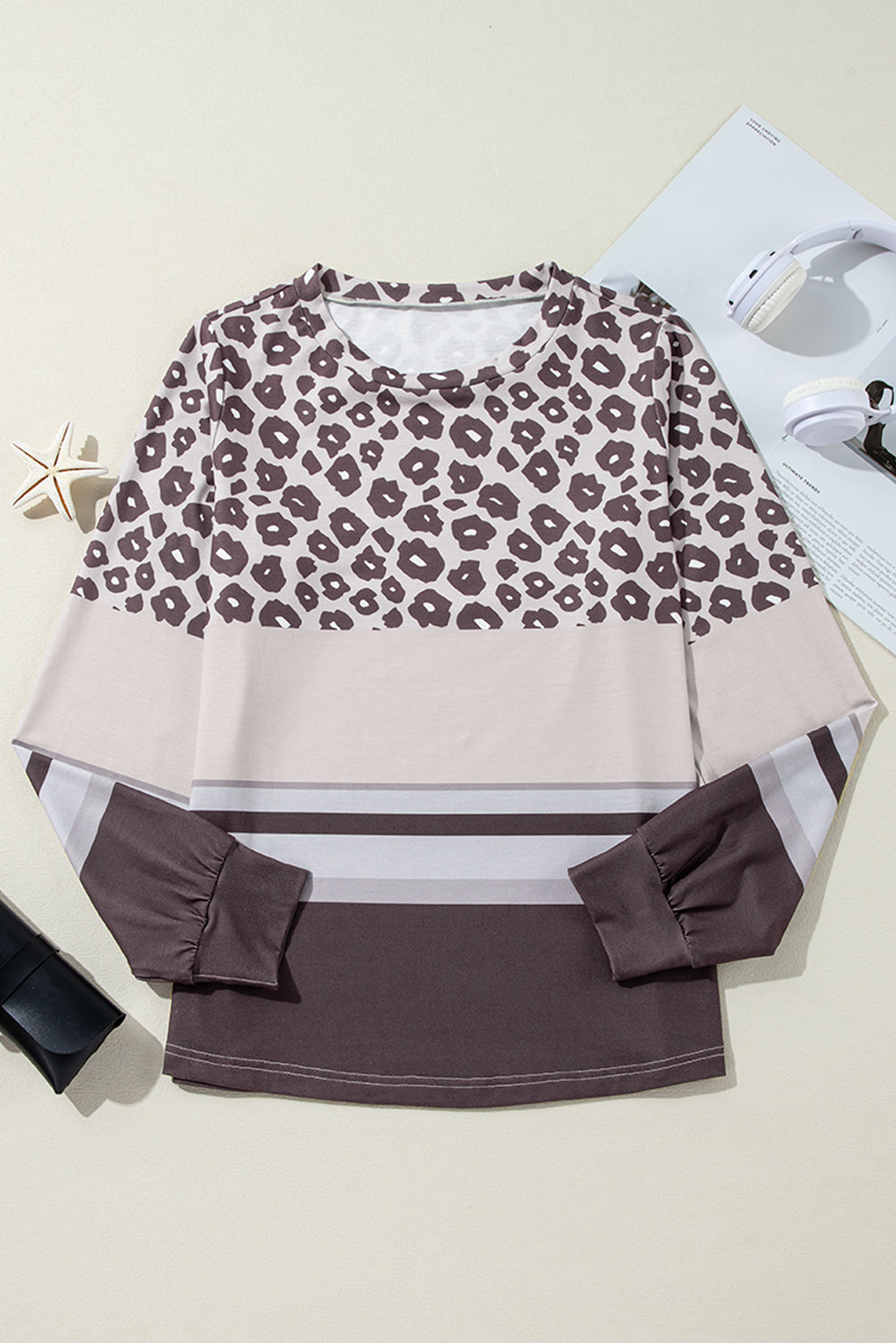 Khaki Leopard Striped Color Block Long Sleeve Top