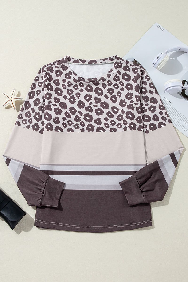 Khaki Leopard Striped Color Block Long Sleeve Top