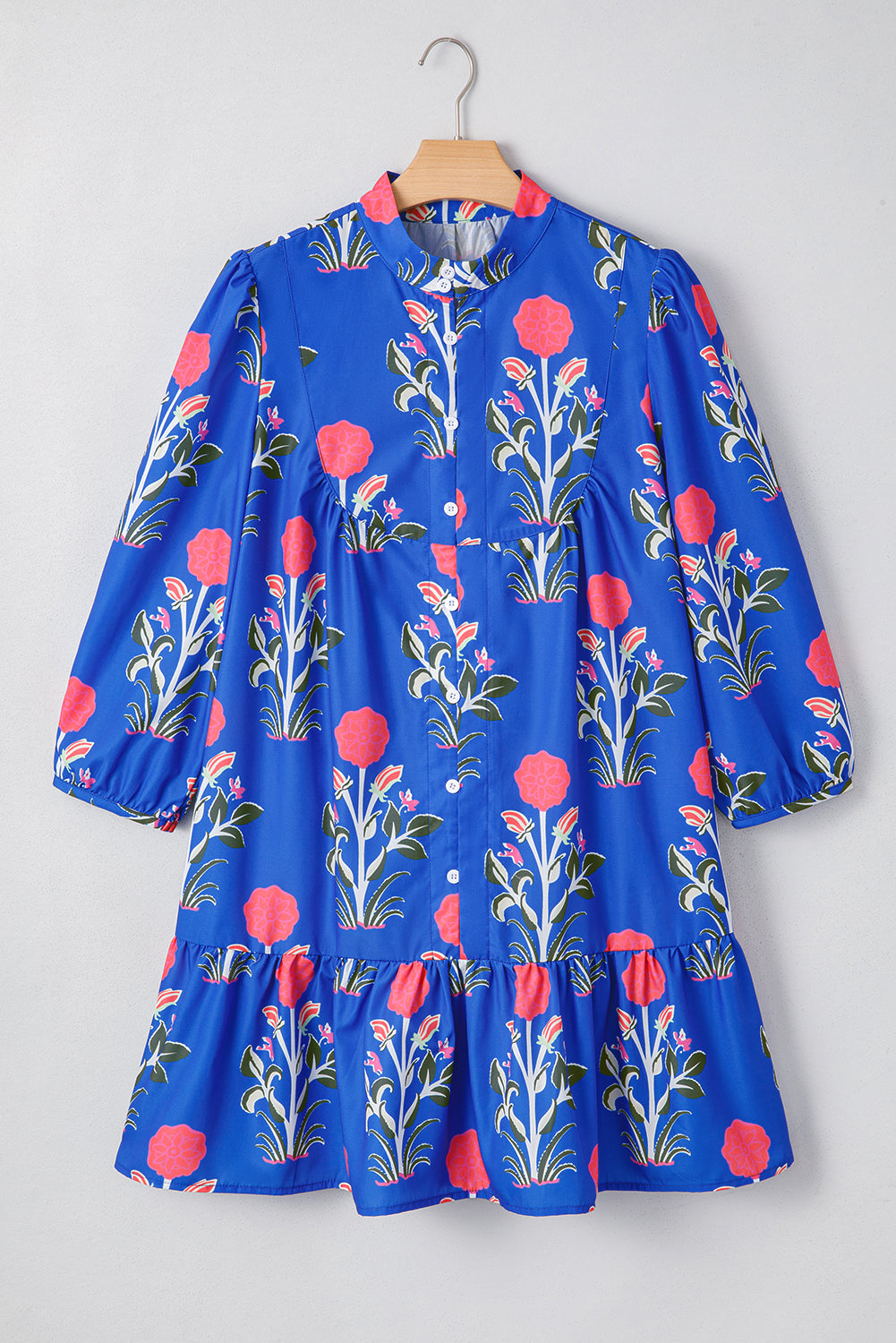 Blue Floral Print Button Front 3/4 Puff Sleeve Ruffle Hem Dress