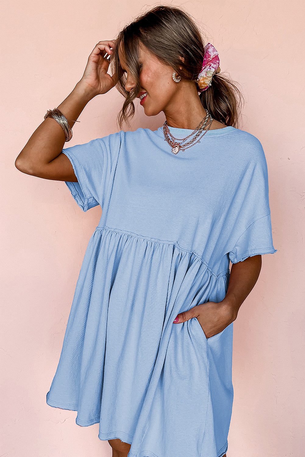 Light Pink Solid Color Pocket Raw Edge Babydoll Dress