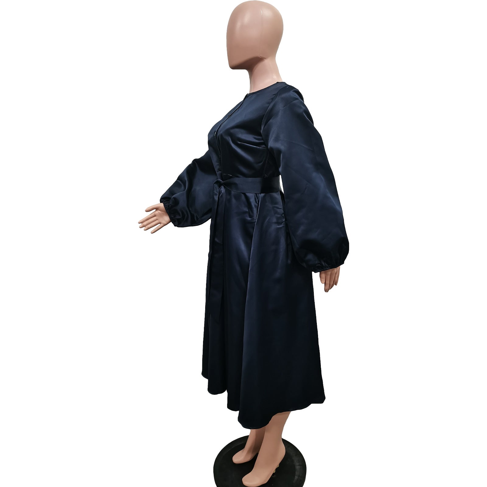 Women's Solid Color Glossy Loose Button Lantern Sleeve Dress