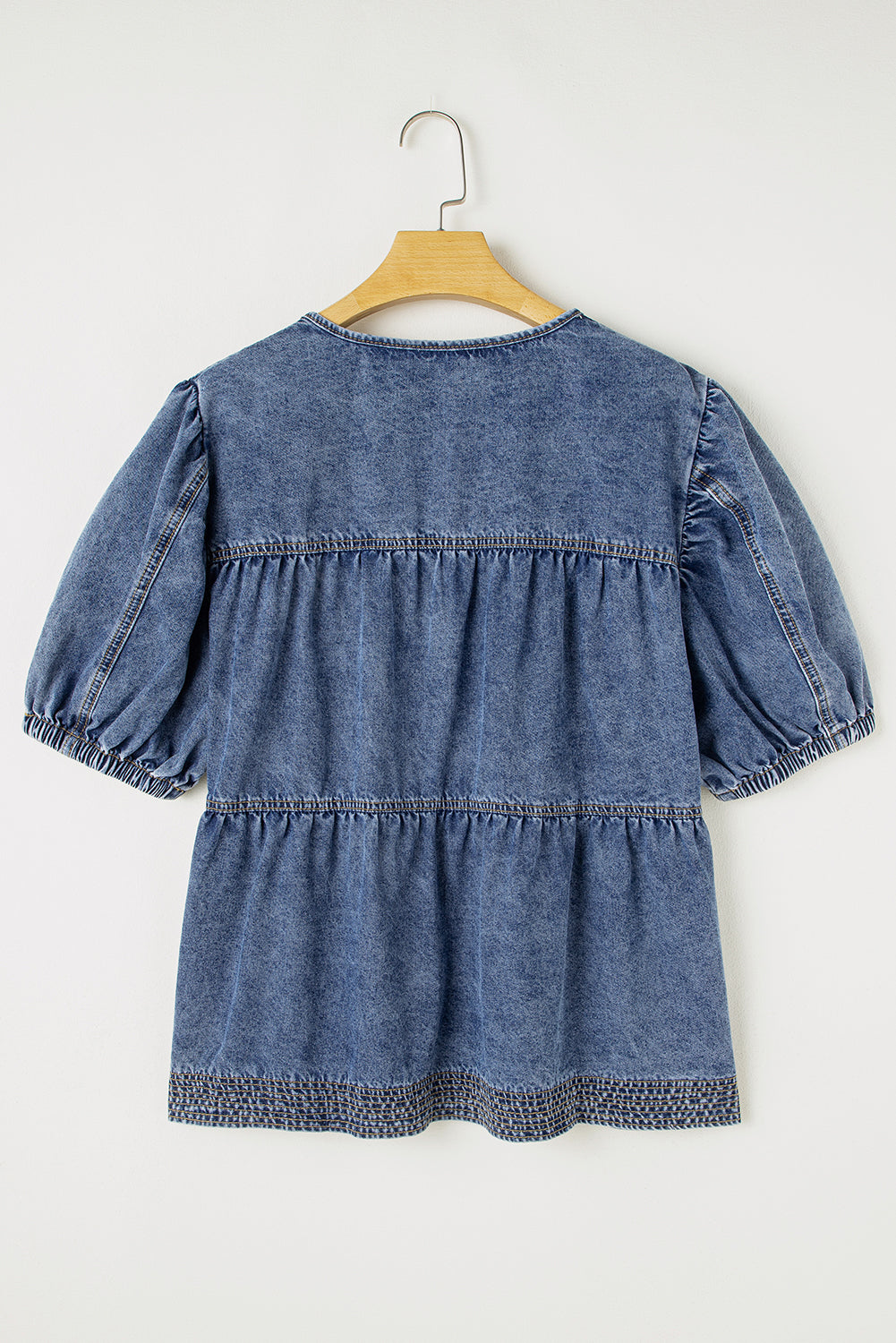 Sail Blue Plus Size Tie V Neck Puff Sleeve Denim Blouse