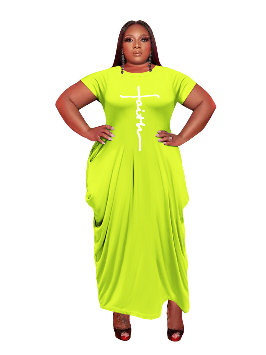 New Ladies Solid Color Round Neck Short Sleeve Irregular Hem Dress