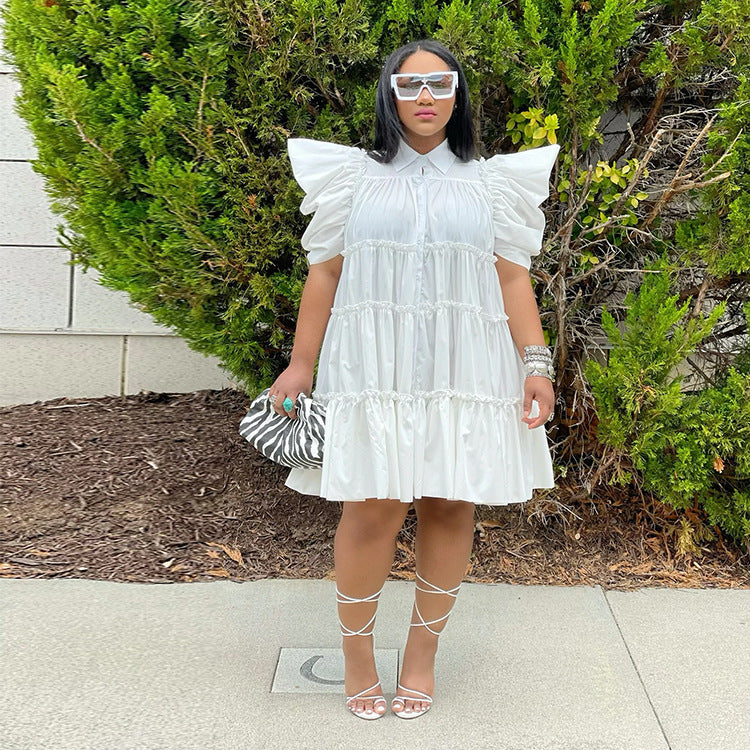 Retro French Style Pleated Puff Sleeve Loose Dress