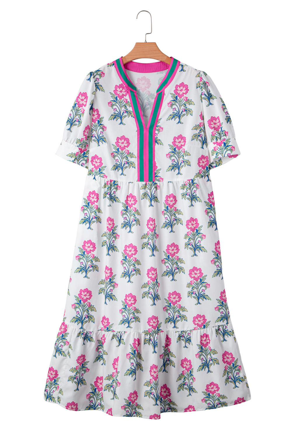 Red Geometric Print Pop of Color Neckline Puff Sleeve Plus Size Dress