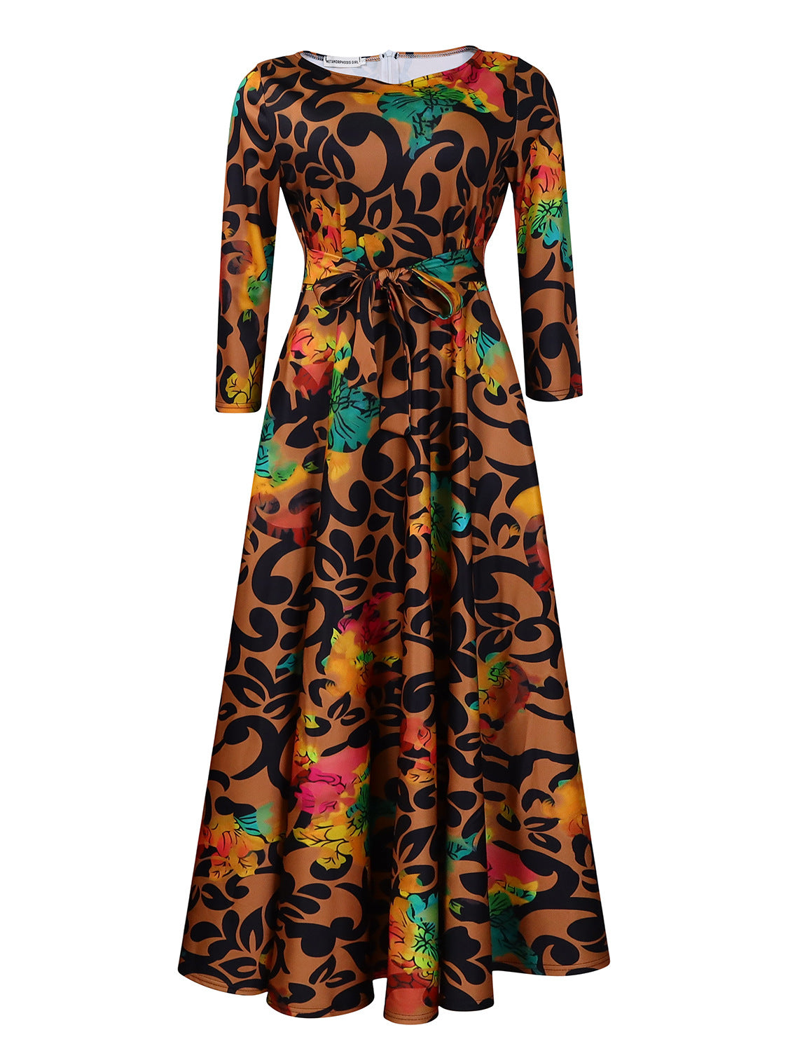 Fashion Temperament Printed Lace-up Crew Neck Large Swing Dress