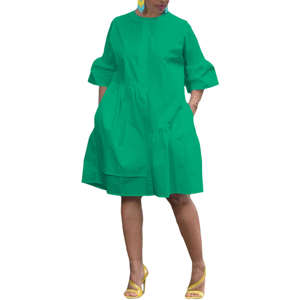 New Wide Mouth Sleeve Horn Solid Color Women's Clothing Dress