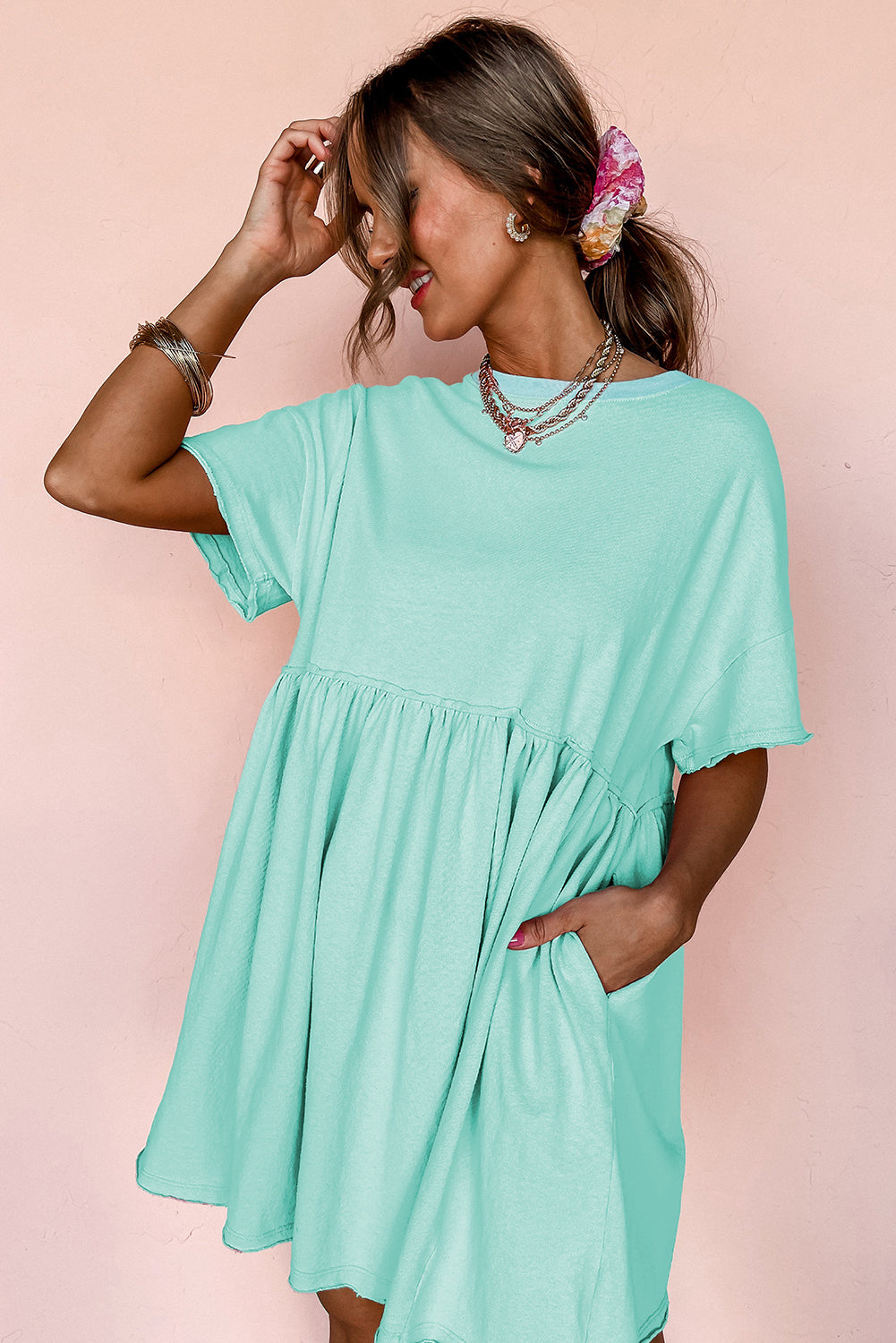 Light Pink Solid Color Pocket Raw Edge Babydoll Dress
