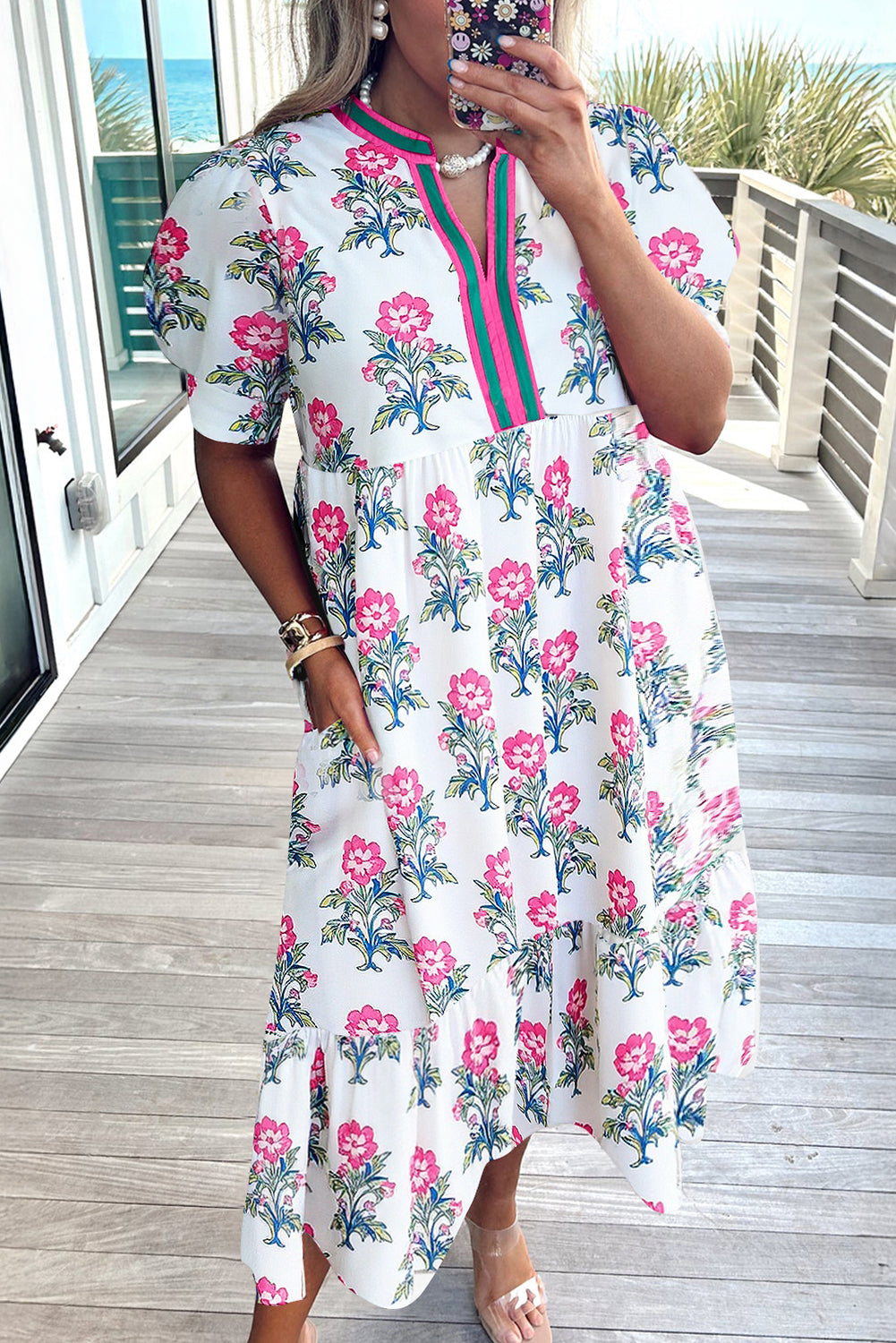 Red Geometric Print Pop of Color Neckline Puff Sleeve Plus Size Dress