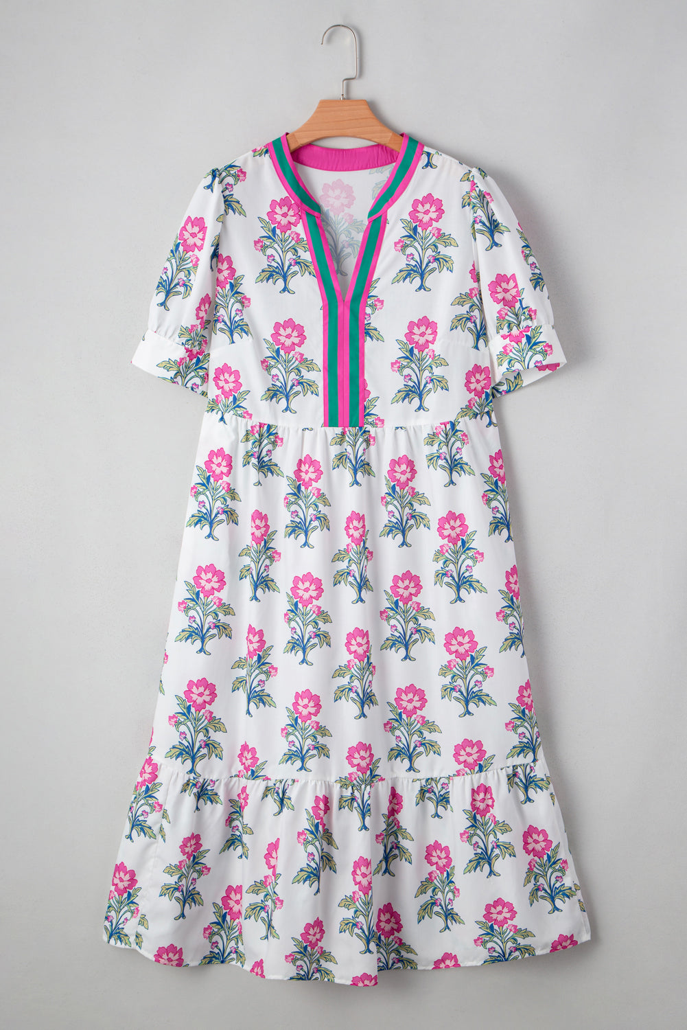 Red Geometric Print Pop of Color Neckline Puff Sleeve Plus Size Dress