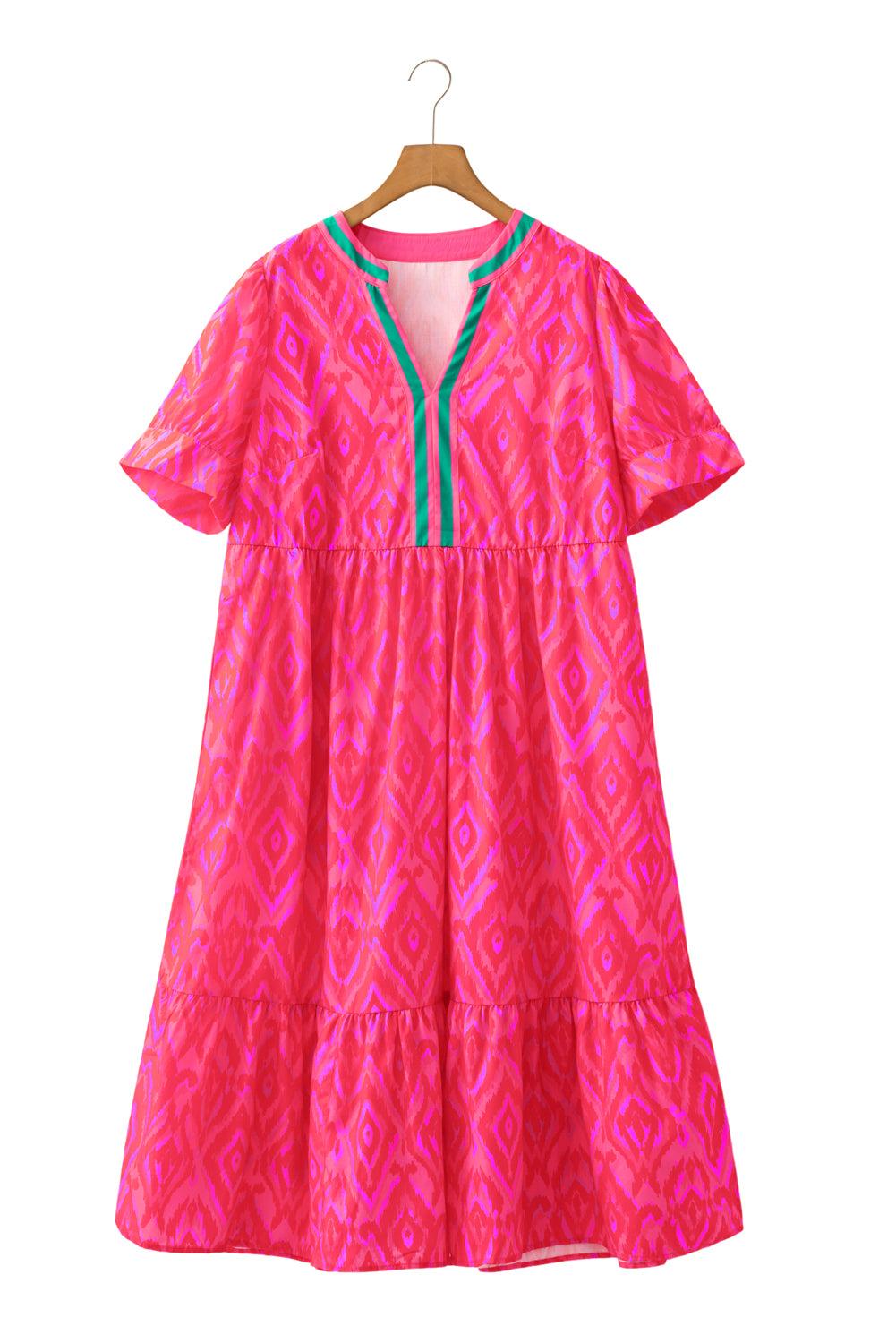 Red Geometric Print Pop of Color Neckline Puff Sleeve Plus Size Dress