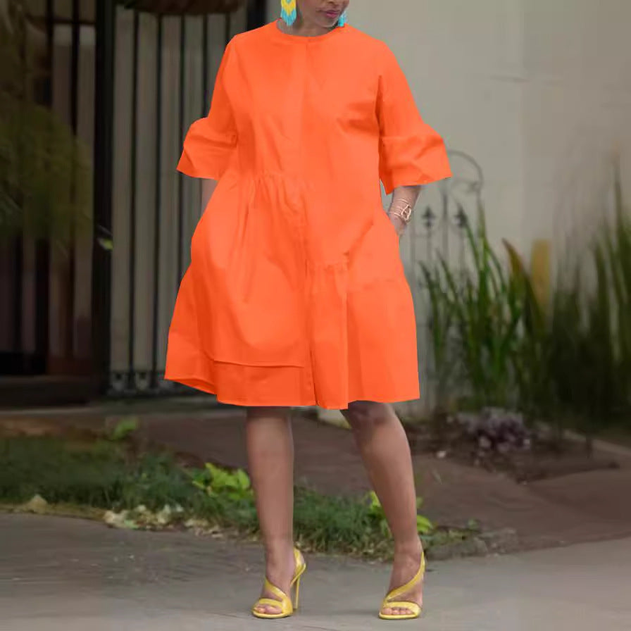 New Wide Mouth Sleeve Horn Solid Color Women's Clothing Dress