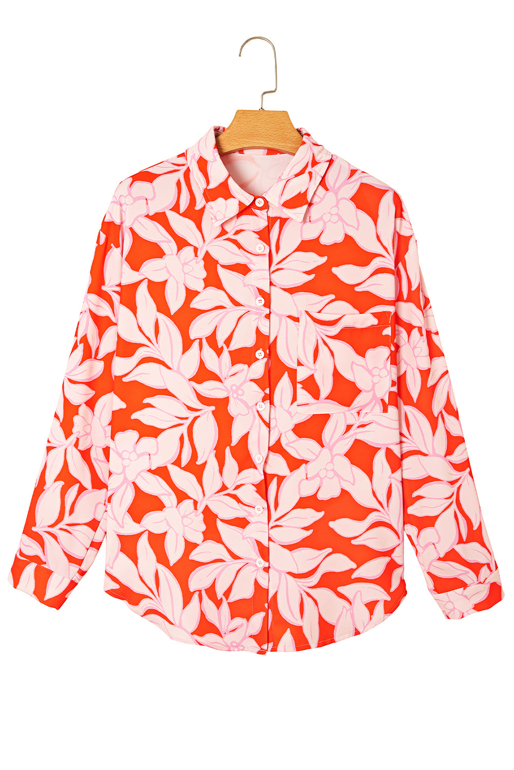 Orange Botanical Print Chest Pocket Button Up Shirt