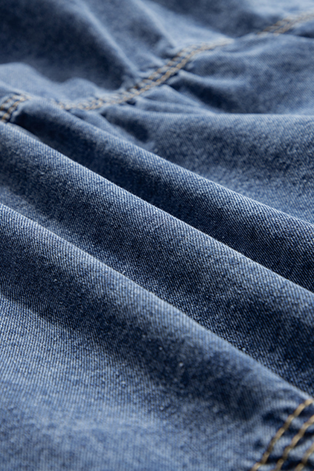 Sail Blue Plus Size Tie V Neck Puff Sleeve Denim Blouse