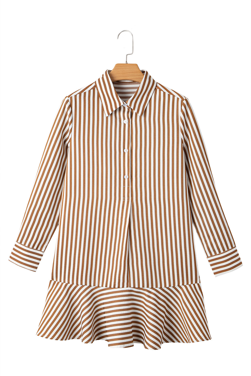 Brown Stripe Ruffle Hem Collared Long Sleeve Shirt Mini Dress
