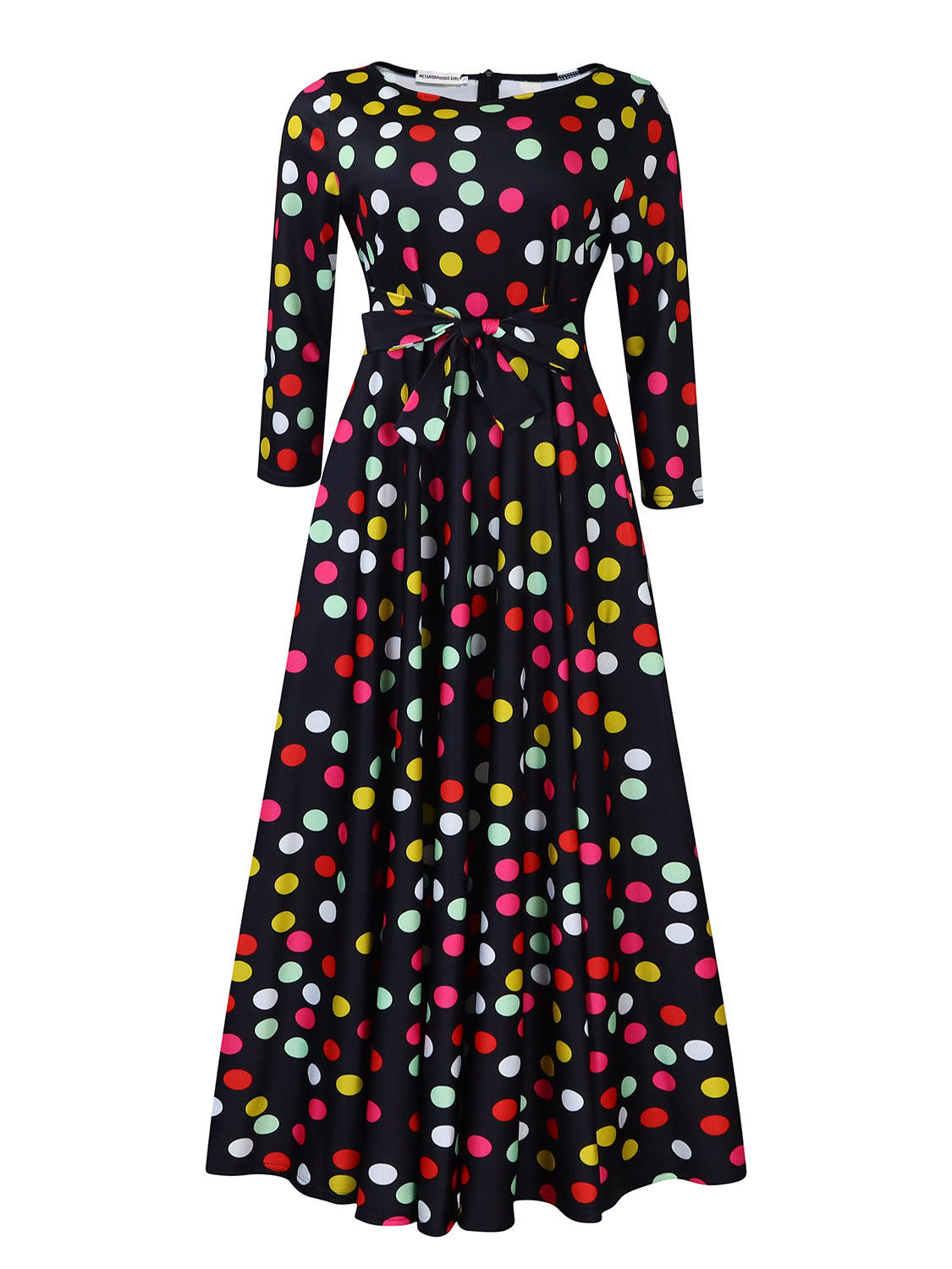 Fashion Temperament Printed Lace-up Crew Neck Large Swing Dress