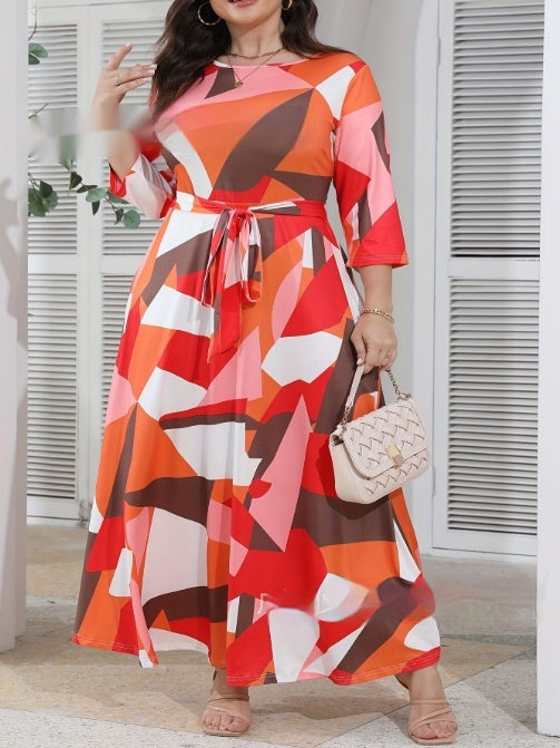 Fashion Temperament Printed Lace-up Crew Neck Large Swing Dress