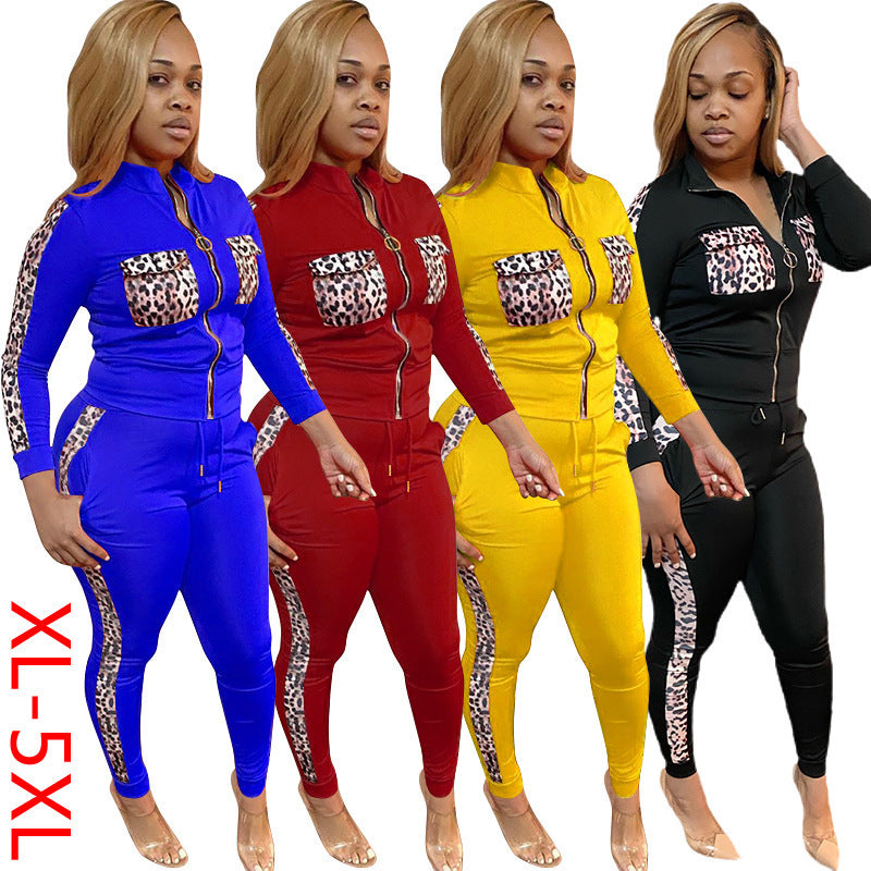 Leopard Ladies Plus Size Two Piece Set Girl Suit