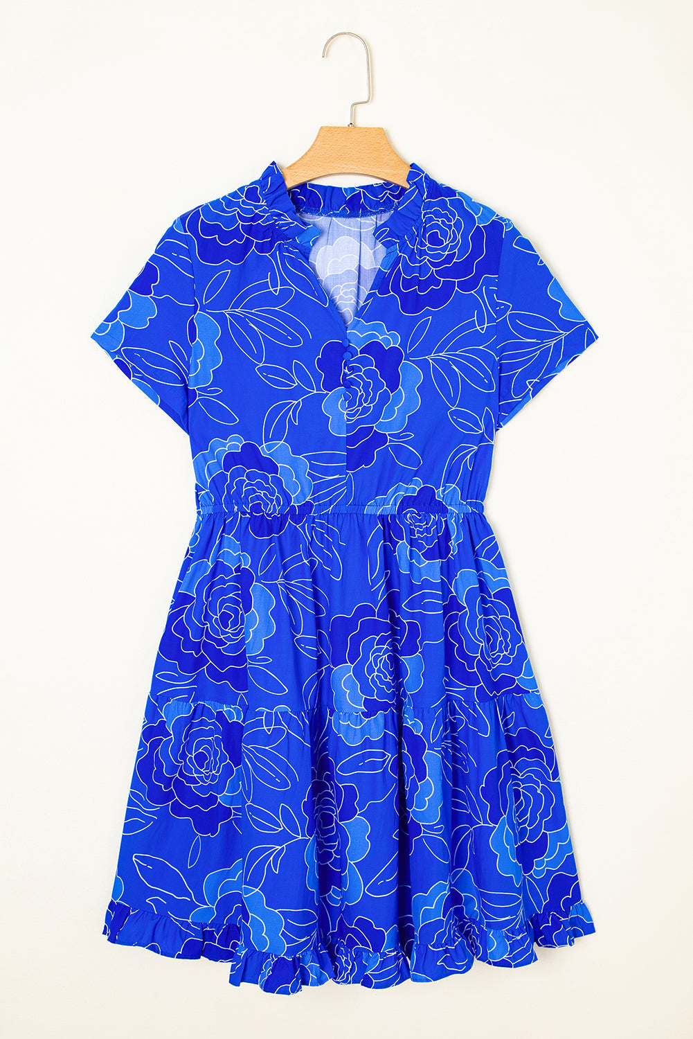 Blue Floral Print Ruffle Hem V Neck Flowy Mini Dress
