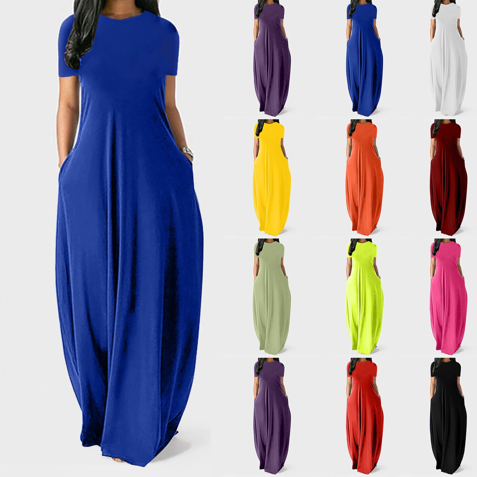 Women's Multi-color Plus Size Solid Color Round Neck Pocket Dress