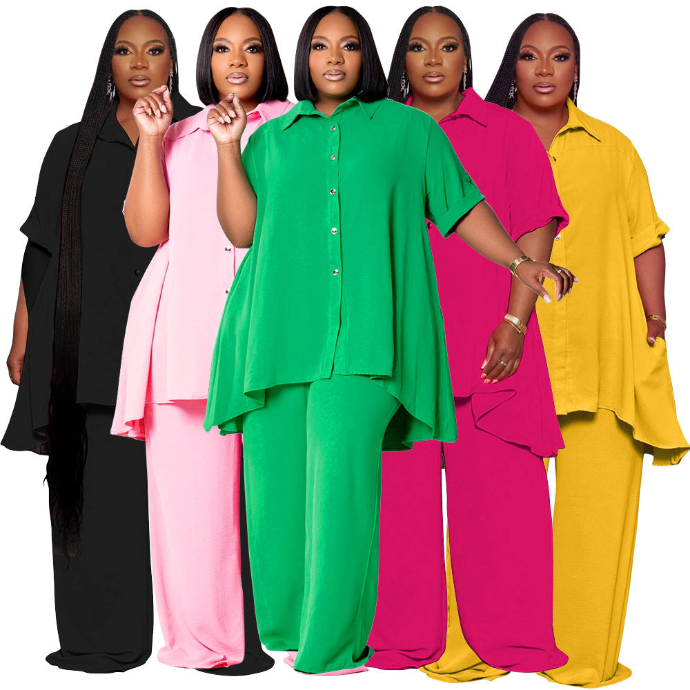 Temperament Short Sleeve Top Wide Leg Pants Suit