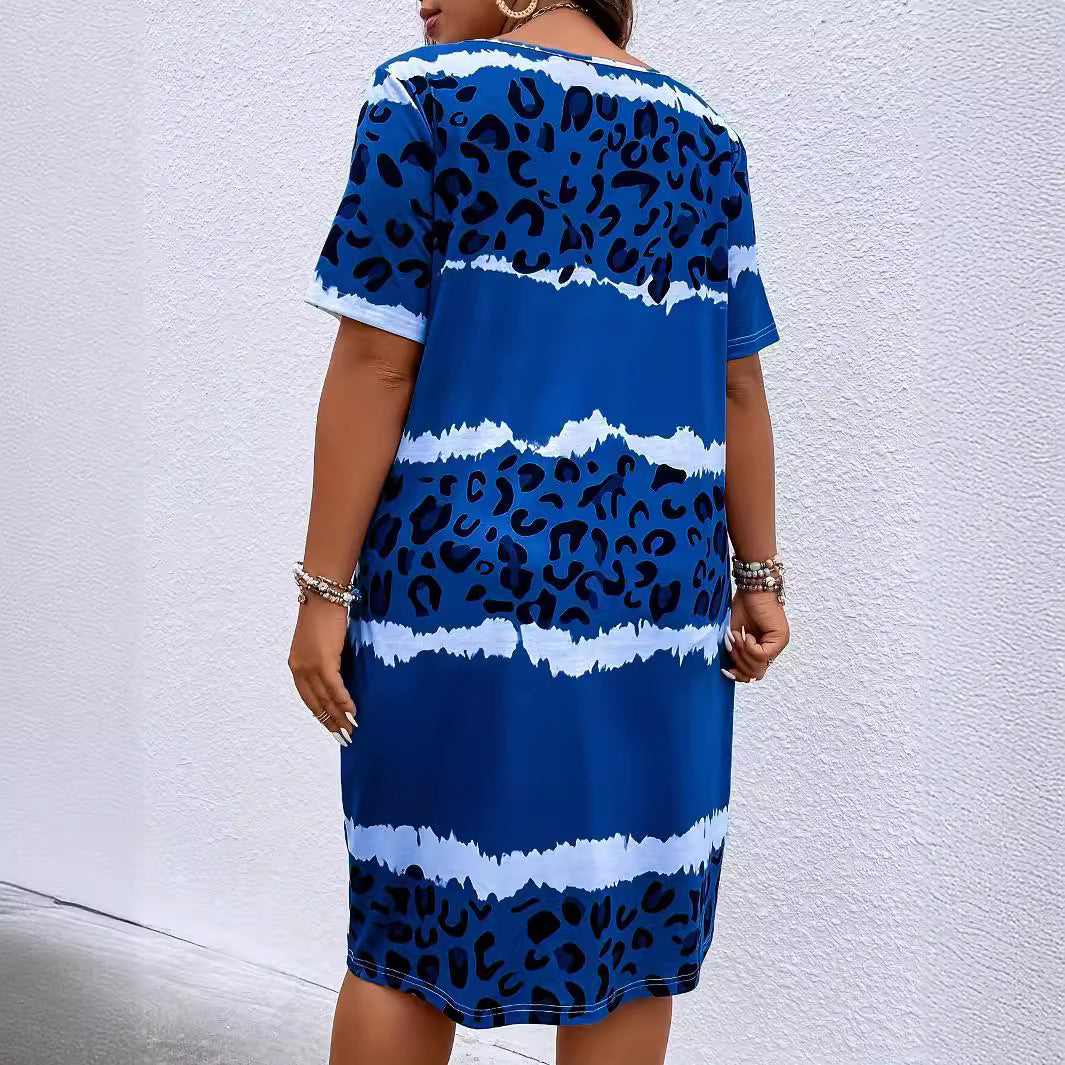 Leopard Print Women's V-neck Short Sleeve  Dress