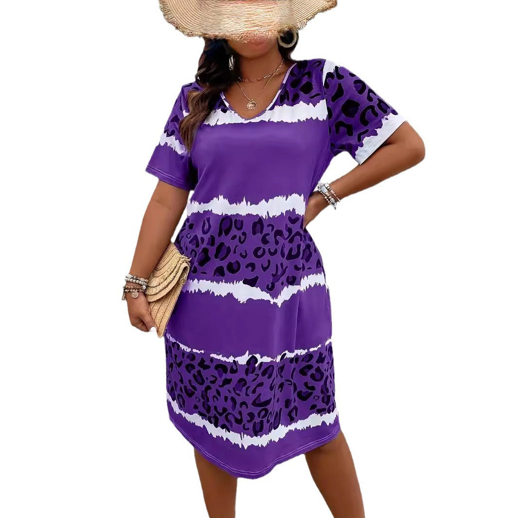 Leopard Print Women's V-neck Short Sleeve  Dress