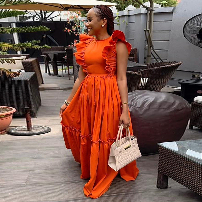 Women's Ruffled Short Sleeves Round Neck Dress