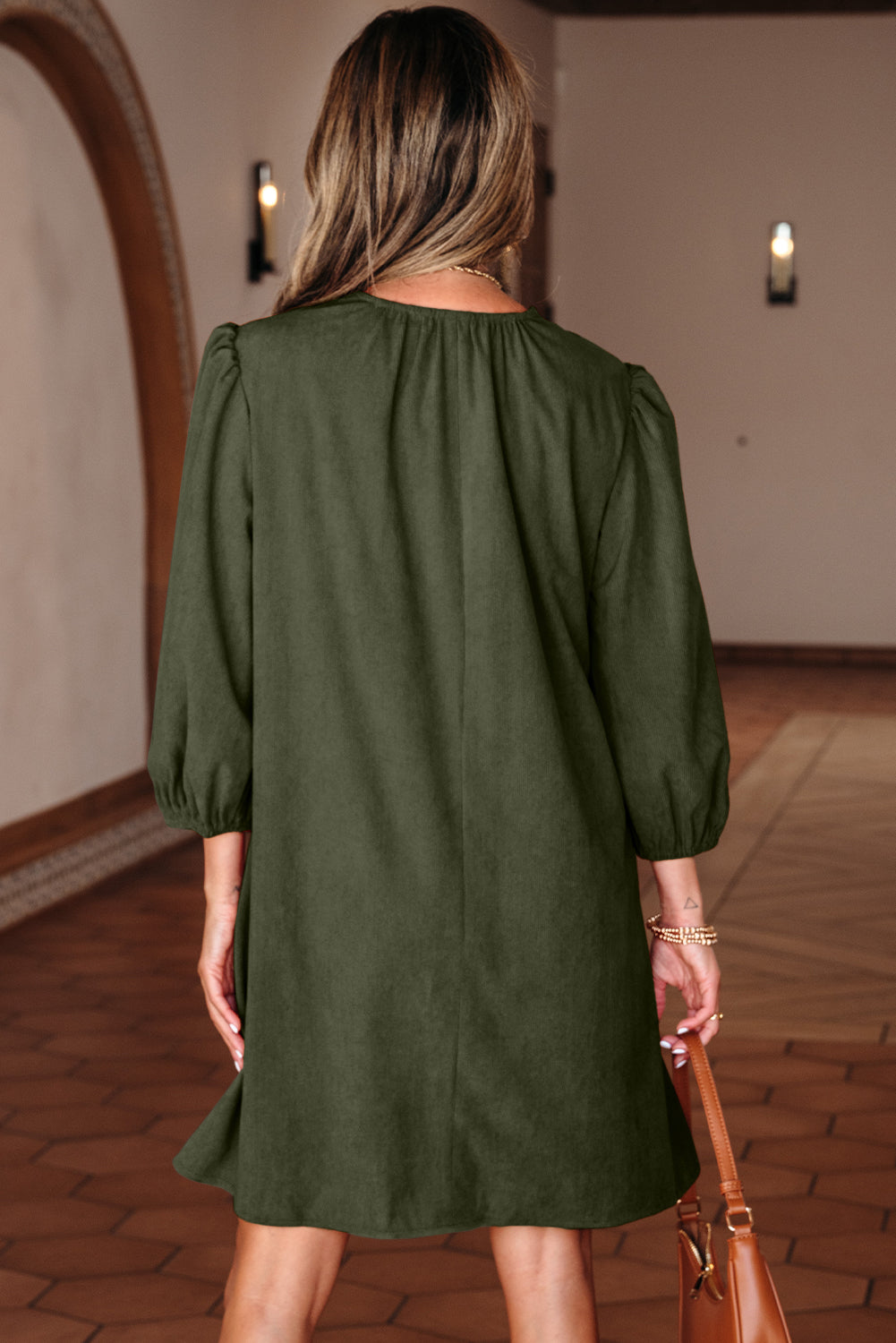 Moss Green Split Neck Scallop Detail Pleated Corduroy Mini Dress