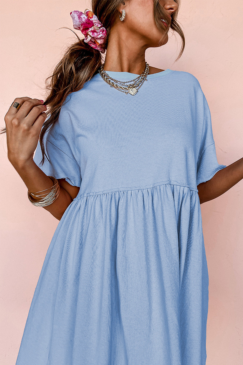 Light Pink Solid Color Pocket Raw Edge Babydoll Dress
