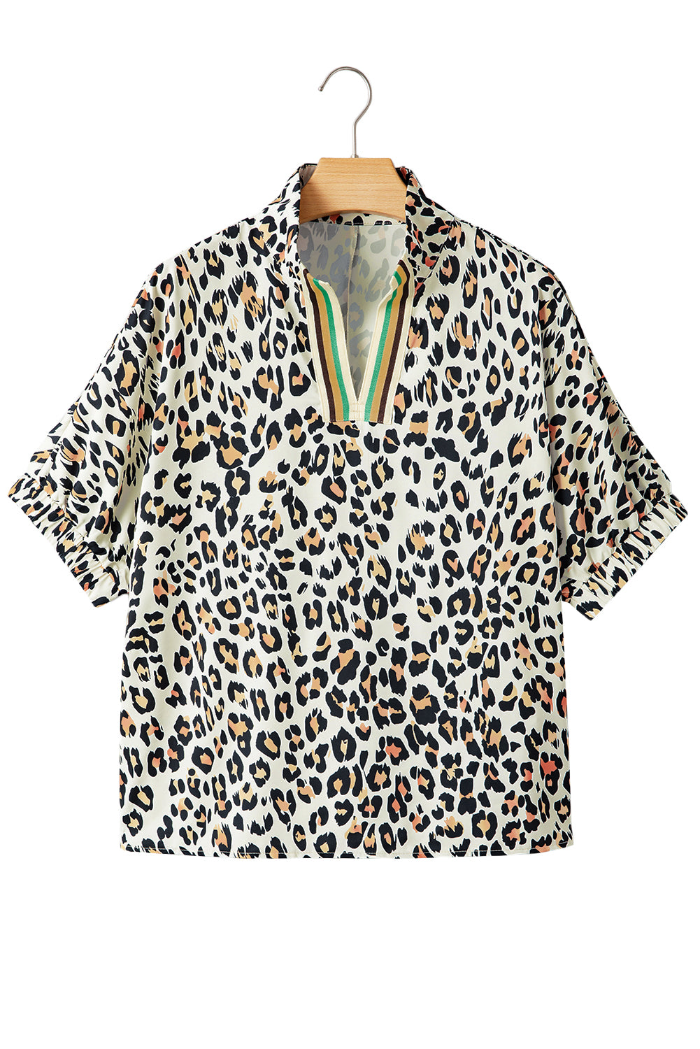 Khaki Pop of Color Neckline Loose Fit Leopard Print Blouse