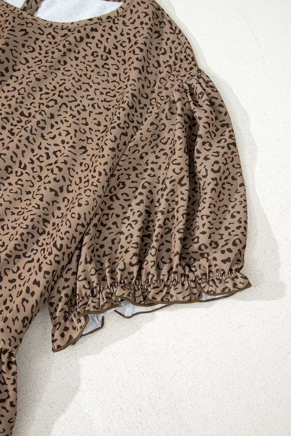 Beige Plus Size Leopard Print Frill Trim Short Sleeve Flared Dress