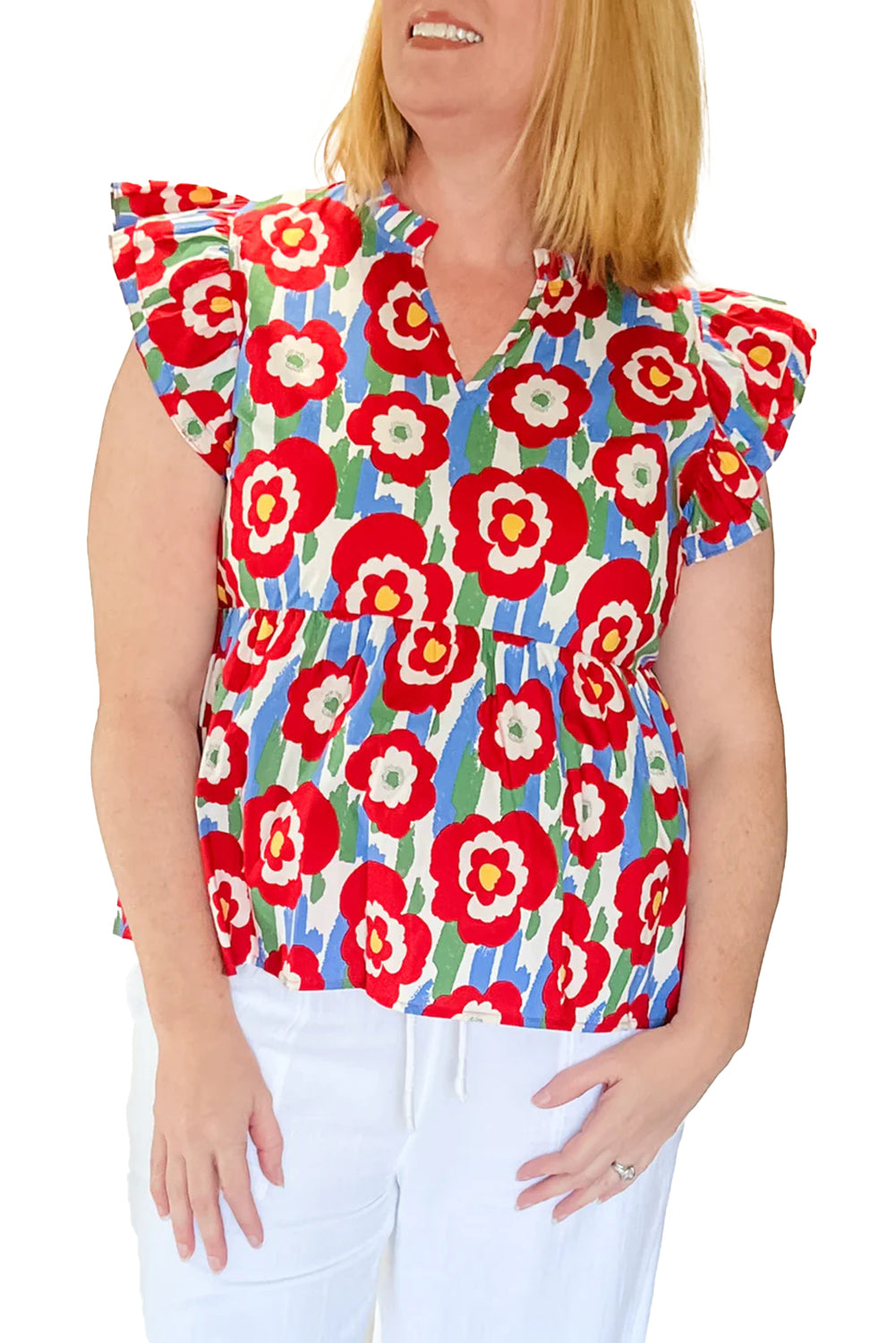 Red Plus Size Floral Print Ruffle Trim Split Neck Peplum Top