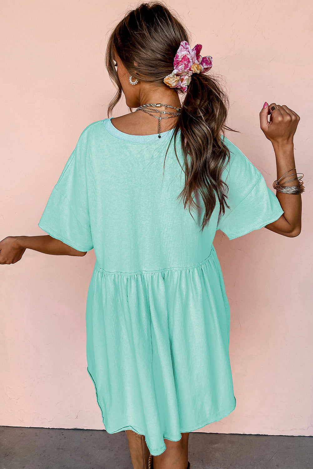 Light Pink Solid Color Pocket Raw Edge Babydoll Dress