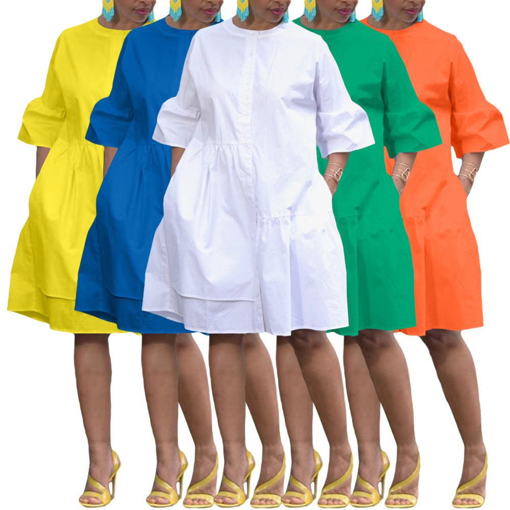 New Wide Mouth Sleeve Horn Solid Color Women's Clothing Dress
