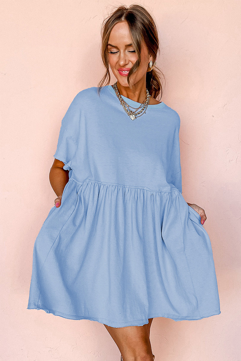 Light Pink Solid Color Pocket Raw Edge Babydoll Dress
