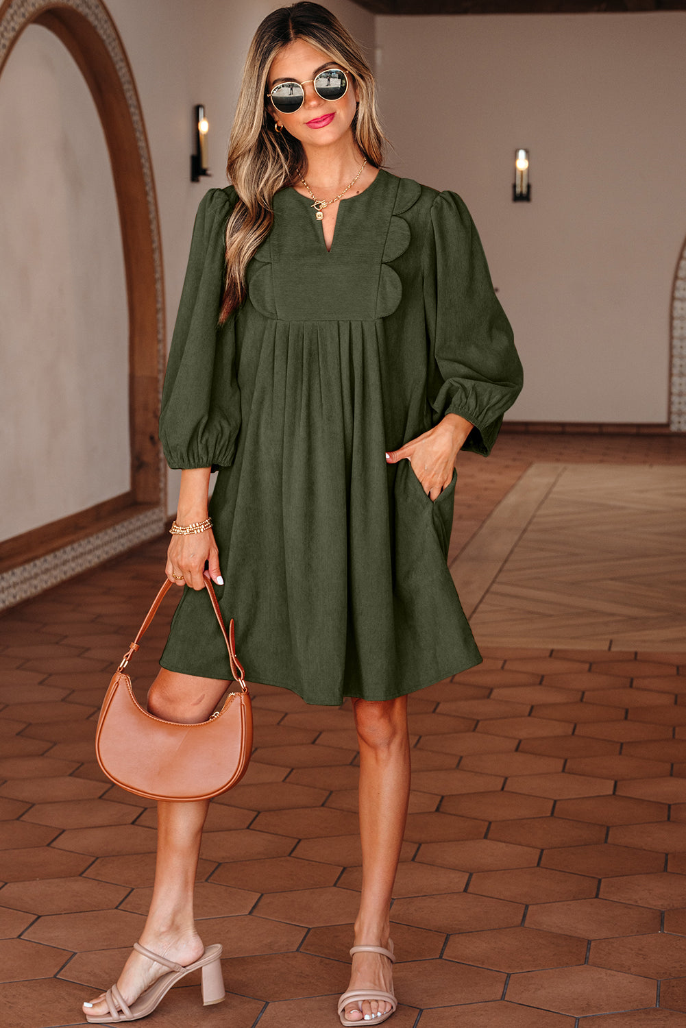 Moss Green Split Neck Scallop Detail Pleated Corduroy Mini Dress