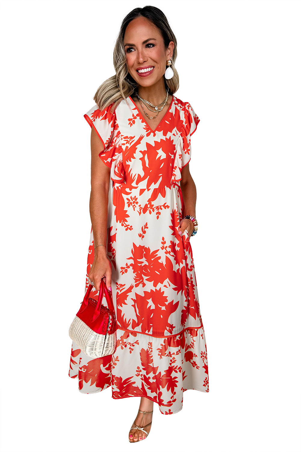 Red Floral Print Trimmed V Neck Ruffle Sleeve Maxi Dress