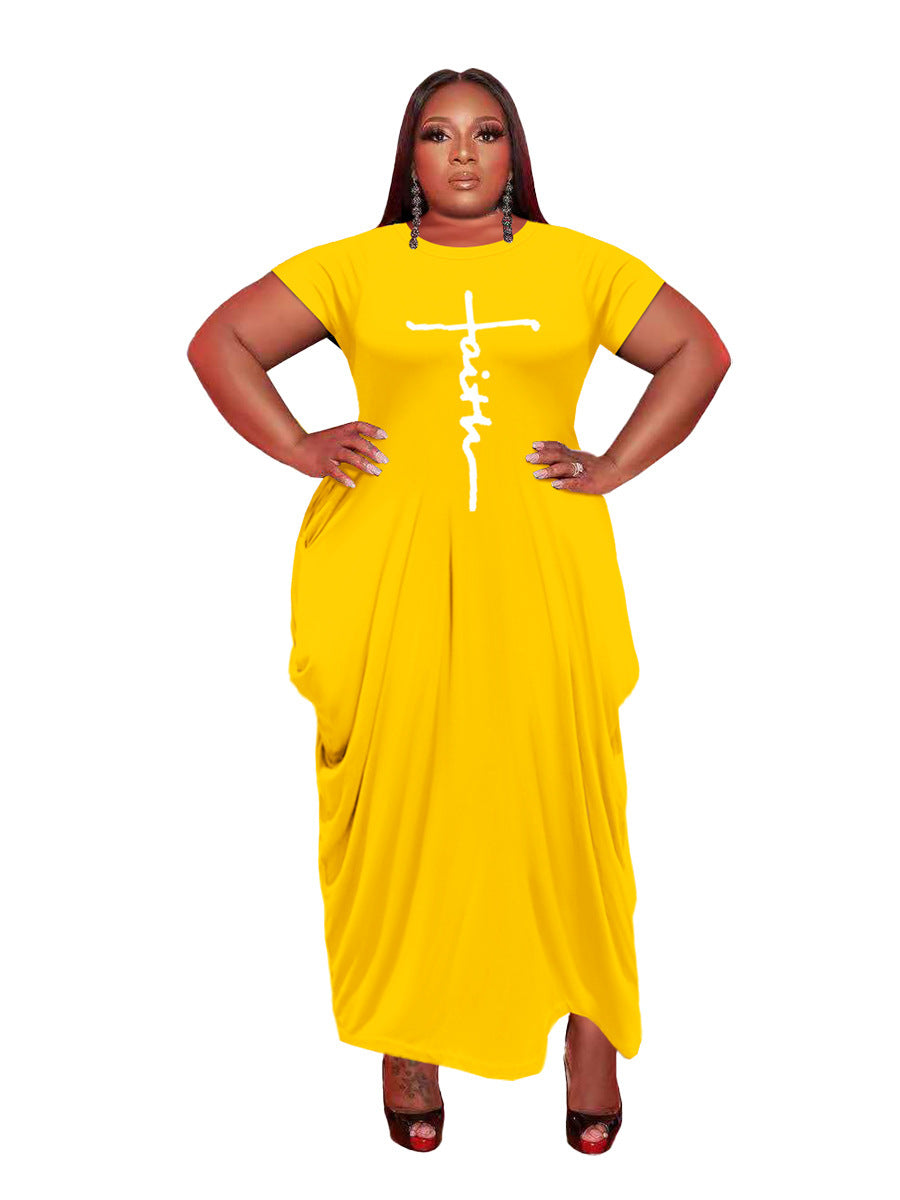 New Ladies Solid Color Round Neck Short Sleeve Irregular Hem Dress