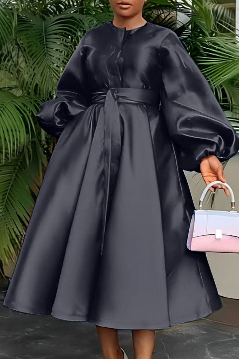 Women's Solid Color Glossy Loose Button Lantern Sleeve Dress