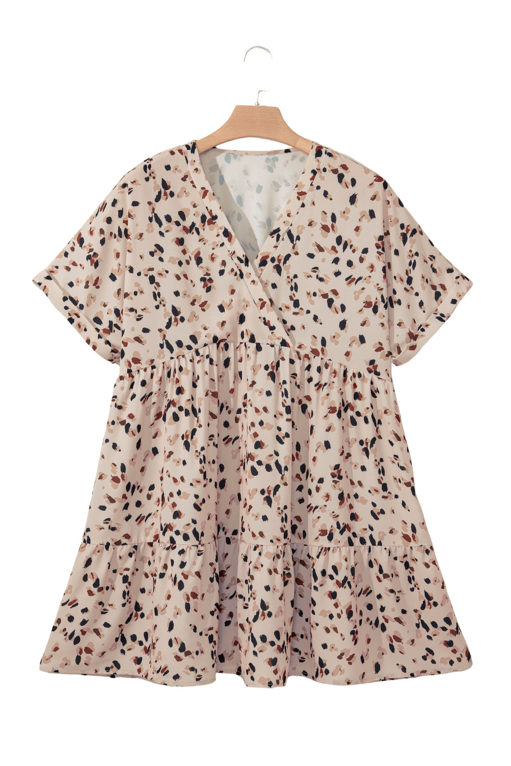 Beige Abstract Print Surplice V Neck Cuffed Sleeve Empire Waist Plus Size Dress