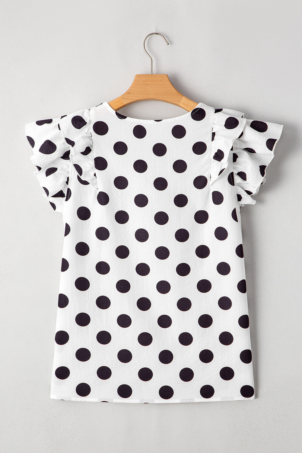 White Polka Dot Print V Neck Ruffle Blouse