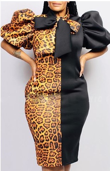New Color Matching Leopard Print Lady Puff Sleeves